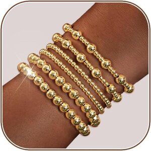 Gold Bracelets for Women 14K Gold Plated Stackable Bead Ball Bracelet Set Stretc